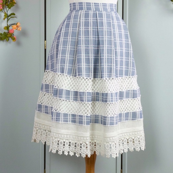 New Ryu Checkered Plaid Lace Trim Midi Skirt - Picture 2 of 2